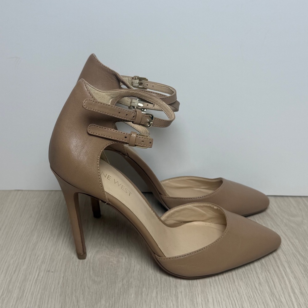 Pumps Nine West Women 5.5 Tan Eastlyn Double Ankle Strap Pointed Toe Stiletto